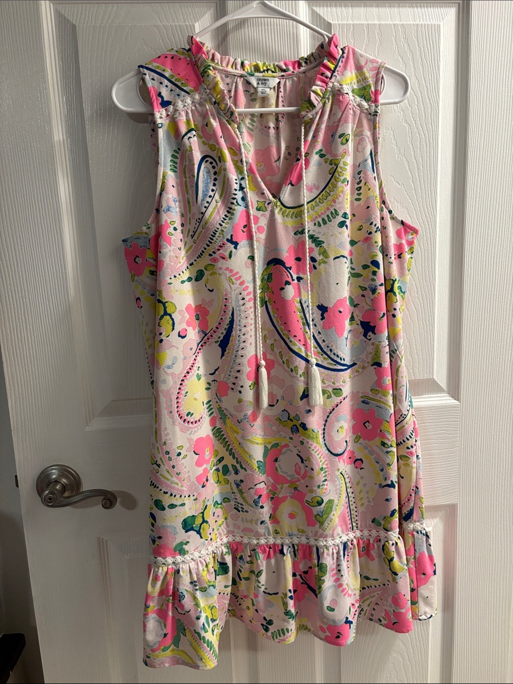crown & ivy Pink Paisley Tassel-Accent Ruffle-Hem Dress